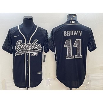 Men's Philadelphia Eagles #11 A. J. Brown Black Reflective With Patch Cool Base Stitched Baseball Jersey Men's Philadelphia Eagles #11 A. J. Brown Black Reflective With Patch Cool Base Stitched Baseball Jersey