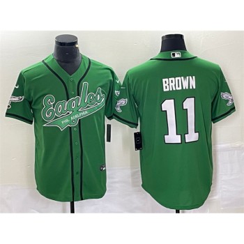 Men's Philadelphia Eagles #11 A. J. Brown Green Cool Base Stitched Baseball Jersey Men's Philadelphia Eagles #11 A. J. Brown Green Cool Base Stitched Baseball Jersey