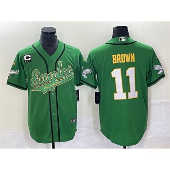 Men's Philadelphia Eagles #11 A. J. Brown Green Gold With 3-star C Patch Cool Base Stitched Baseball Jersey Men's Philadelphia Eagles #11 A. J. Brown Green Gold With 3-star C Patch Cool Base Stitched Baseball Jersey