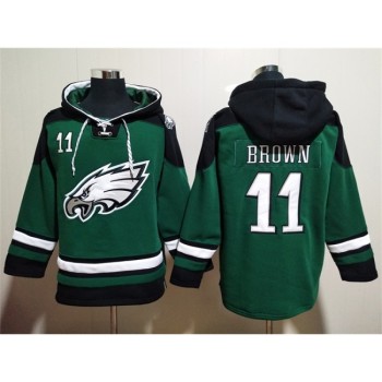 Men's Philadelphia Eagles #11 A. J. Brown Green Lace-Up Pullover Hoodie Men's Philadelphia Eagles #11 A. J. Brown Green Lace-Up Pullover Hoodie