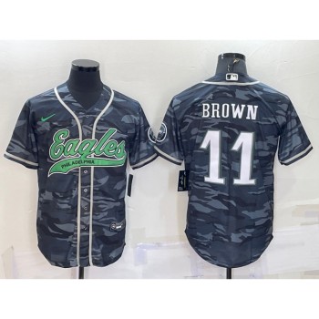 Men's Philadelphia Eagles #11 A. J. Brown Grey Camo With Patch Cool Base Stitched Baseball Jersey