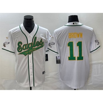 Men's Philadelphia Eagles #11 A. J. Brown White Gold Cool Base Stitched Baseball Jersey Men's Philadelphia Eagles #11 A. J. Brown White Gold Cool Base Stitched Baseball Jersey