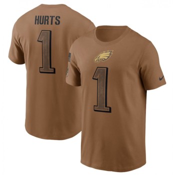Men's Philadelphia Eagles #1 Jalen Hurts 2023 Brown Salute To Service Name & Number T-Shirt Men's Philadelphia Eagles #1 Jalen Hurts 2023 Brown Salute To Service Name & Number T-Shirt