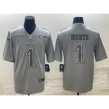 Men's Philadelphia Eagles #1 Jalen Hurts Gray Super Bowl LVII Patch Atmosphere Fashion Stitched Jersey Men's Philadelphia Eagles #1 Jalen Hurts Gray Super Bowl LVII Patch Atmosphere Fashion Stitched Jersey