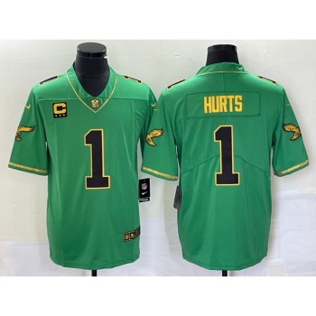 Men's Philadelphia Eagles #1 Jalen Hurts Green Gold Vapor Limited With 3-star C Patch Stitched Football Jersey Men's Philadelphia Eagles #1 Jalen Hurts Green Gold Vapor Limited With 3-star C Patch Stitched Football Jersey