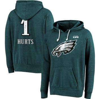 Men's Philadelphia Eagles #1 Jalen Hurts Midnight Green Super Bowl LVII Name & Number Pullover Hoodie Men's Philadelphia Eagles #1 Jalen Hurts Midnight Green Super Bowl LVII Name & Number Pullover Hoodie
