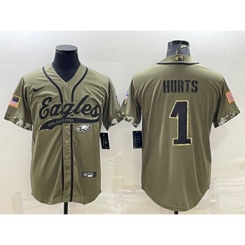 Men's Philadelphia Eagles #1 Jalen Hurts Olive 2022 Salute To Service Cool Base Stitched Baseball Jersey Men's Philadelphia Eagles #1 Jalen Hurts Olive 2022 Salute To Service Cool Base Stitched Baseball Jersey