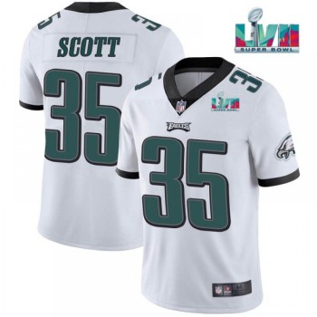 Men's Philadelphia Eagles #35 Boston Scott White Super Bowl LVII Patch Vapor Untouchable Limited Stitched Football Jersey Men's Philadelphia Eagles #35 Boston Scott White Super Bowl LVII Patch Vapor Untouchable Limited Stitched Football Jersey