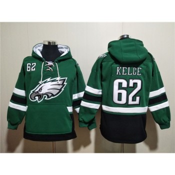 Men's Philadelphia Eagles #62 Jason Kelce Green Lace-Up Pullover Hoodie Men's Philadelphia Eagles #62 Jason Kelce Green Lace-Up Pullover Hoodie