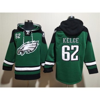 Men's Philadelphia Eagles #62 Jason Kelce Green Lace-Up Pullover Hoodie Men's Philadelphia Eagles #62 Jason Kelce Green Lace-Up Pullover Hoodie