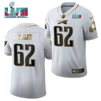 Men's Philadelphia Eagles #62 Jason Kelce White Golden Super Bowl LVII Patch Limited Stitched Jersey Men's Philadelphia Eagles #62 Jason Kelce White Golden Super Bowl LVII Patch Limited Stitched Jersey