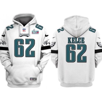 Men's Philadelphia Eagles #62 Jason Kelce White Super Bowl LVII Patch Pullover Hoodie Men's Philadelphia Eagles #62 Jason Kelce White Super Bowl LVII Patch Pullover Hoodie