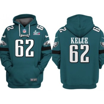 Men's Philadelphia Eagles #62 Jason Kelce White Super Bowl LVII Patch Pullover Hoodie Men's Philadelphia Eagles #62 Jason Kelce White Super Bowl LVII Patch Pullover Hoodie