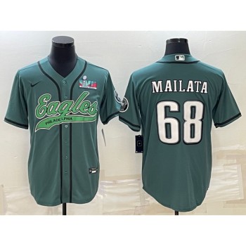Men's Philadelphia Eagles #68 Jordan Mailata Green With Super Bowl LVII Patch Cool Base Stitched Baseball Jersey Men's Philadelphia Eagles #68 Jordan Mailata Green With Super Bowl LVII Patch Cool Base Stitched Baseball Jersey
