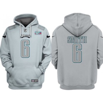 Men's Philadelphia Eagles #6 DeVonta Smith Grey Atmosphere Fashion Super Bowl LVII Patch Pullover Hoodie Men's Philadelphia Eagles #6 DeVonta Smith Grey Atmosphere Fashion Super Bowl LVII Patch Pullover Hoodie
