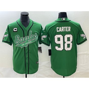 Men's Philadelphia Eagles #98 Jalen Carter Green With 3-star C Patch Cool Base Stitched Baseball Jersey Men's Philadelphia Eagles #98 Jalen Carter Green With 3-star C Patch Cool Base Stitched Baseball Jersey