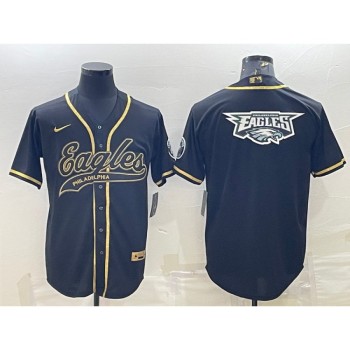 Men's Philadelphia Eagles Black Gold Team Big Logo With Patch Cool Base Stitched Baseball Jersey Men's Philadelphia Eagles Black Gold Team Big Logo With Patch Cool Base Stitched Baseball Jersey