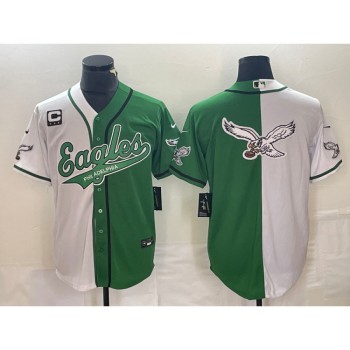 Men's Philadelphia Eagles Green/White Split Team Big Logo With 3-star C Patch Cool Base Stitched Baseball Jersey Men's Philadelphia Eagles Green/White Split Team Big Logo With 3-star C Patch Cool Base Stitched Baseball Jersey