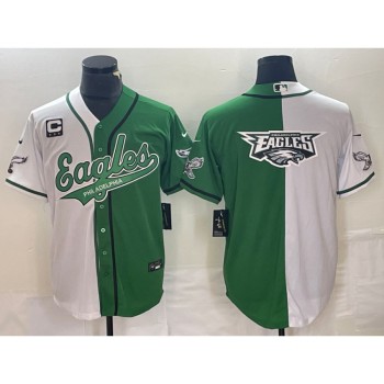 Men's Philadelphia Eagles Green/White Split Team Big Logo With 3-star C Patch Cool Base Stitched Baseball Jersey Men's Philadelphia Eagles Green/White Split Team Big Logo With 3-star C Patch Cool Base Stitched Baseball Jersey