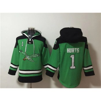 Men's Philadelphia Eagles #1 Jalen Hurts Green Ageless Must-Have Lace-Up Pullover Hoodie Men's Philadelphia Eagles #1 Jalen Hurts Green Ageless Must-Have Lace-Up Pullover Hoodie