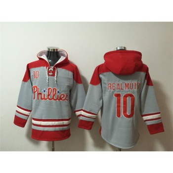 Men's Philadelphia Phillies #10 J.T. Realmuto Grey/Red Ageless Must-Have Lace-Up Pullover Hoodie Men's Philadelphia Phillies #10 J.T. Realmuto Grey/Red Ageless Must-Have Lace-Up Pullover Hoodie
