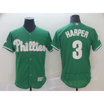 Men's Philadelphia Phillies #3 Bryce Harper Green Flex Base Stitched MLB Jersey Men's Philadelphia Phillies #3 Bryce Harper Green Flex Base Stitched MLB Jersey