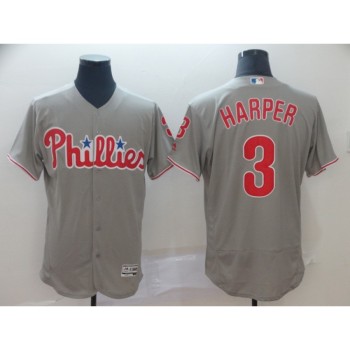 Men's Philadelphia Phillies #3 Bryce Harper Grey Flex Base Stitched MLB Jersey Men's Philadelphia Phillies #3 Bryce Harper Grey Flex Base Stitched MLB Jersey