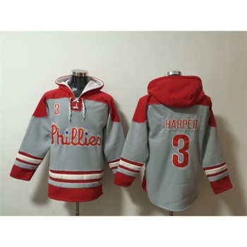 Men's Philadelphia Phillies #3 Bryce Harper Grey/Red Ageless Must-Have Lace-Up Pullover Hoodie Men's Philadelphia Phillies #3 Bryce Harper Grey/Red Ageless Must-Have Lace-Up Pullover Hoodie