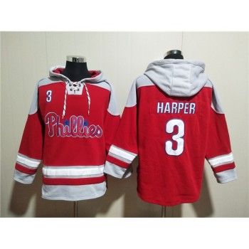 Men's Philadelphia Phillies #3 Bryce Harper Red Ageless Must-Have Lace-Up Pullover Hoodie Men's Philadelphia Phillies #3 Bryce Harper Red Ageless Must-Have Lace-Up Pullover Hoodie