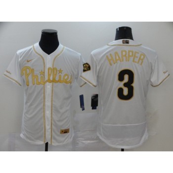 Men's Philadelphia Phillies #3 Bryce Harper White Golden Stitched MLB Jersey Men's Philadelphia Phillies #3 Bryce Harper White Golden Stitched MLB Jersey