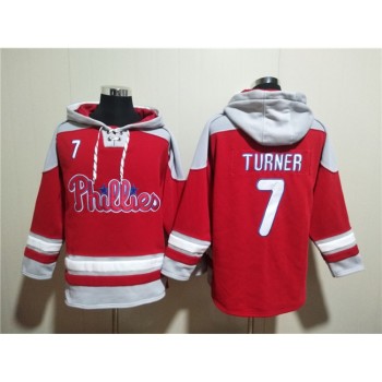 Men's Philadelphia Phillies #7 Trea Turner Red Ageless Must-Have Lace-Up Pullover Hoodie Men's Philadelphia Phillies #7 Trea Turner Red Ageless Must-Have Lace-Up Pullover Hoodie