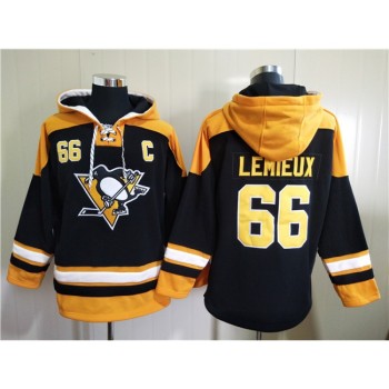 Men's Pittsburgh Penguins #66 Mario Lemieux Black Ageless Must-Have Lace-Up Pullover Hoodie Men's Pittsburgh Penguins #66 Mario Lemieux Black Ageless Must-Have Lace-Up Pullover Hoodie