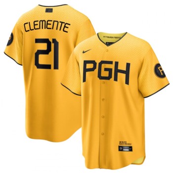 Men's Pittsburgh Pirates #21 Roberto Clemente Gold 2023 City Connect Stitched Jersey Men's Pittsburgh Pirates #21 Roberto Clemente Gold 2023 City Connect Stitched Jersey