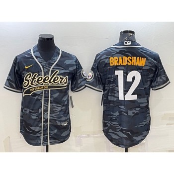 Men's Pittsburgh Steelers #12 Terry Bradshaw Grey/Navy Camo With Patch Cool Base Stitched Baseball Jersey Men's Pittsburgh Steelers #12 Terry Bradshaw Grey/Navy Camo With Patch Cool Base Stitched Baseball Jersey