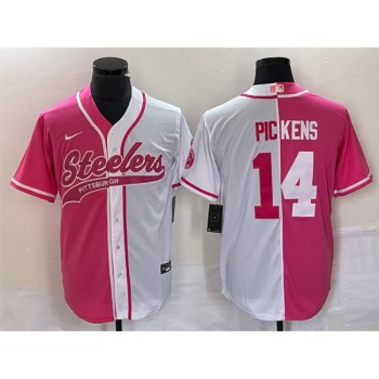 Men's Pittsburgh Steelers #14 George Pickens White Pink Split Cool Base Stitched Baseball Jersey Men's Pittsburgh Steelers #14 George Pickens White Pink Split Cool Base Stitched Baseball Jersey
