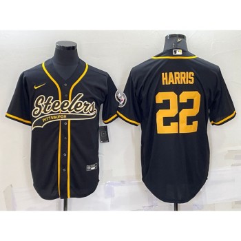 Men's Pittsburgh Steelers #22 Najee Harris Black Gold With Patch Cool Base Stitched Baseball Jersey Men's Pittsburgh Steelers #22 Najee Harris Black Gold With Patch Cool Base Stitched Baseball Jersey