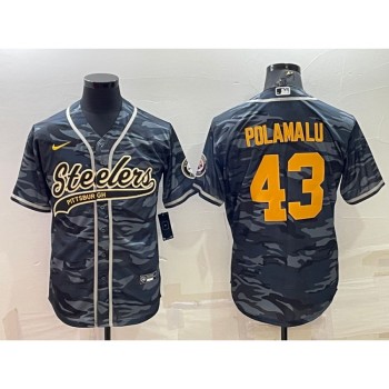 Men's Pittsburgh Steelers #43 Troy Polamalu Grey/Navy Camo With Patch Cool Base Stitched Baseball Jersey Men's Pittsburgh Steelers #43 Troy Polamalu Grey/Navy Camo With Patch Cool Base Stitched Baseball Jersey
