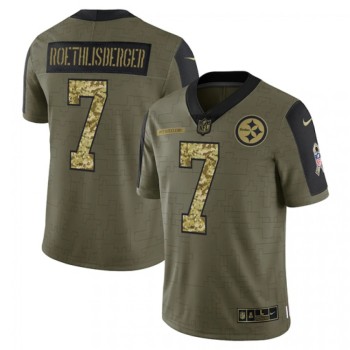 Men's Pittsburgh Steelers #7 Ben Roethlisberger 2021 Olive Camo Salute To Service Limited Stitched Jersey Men's Pittsburgh Steelers #7 Ben Roethlisberger 2021 Olive Camo Salute To Service Limited Stitched Jersey