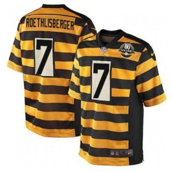 Men's Pittsburgh Steelers #7 Ben Roethlisberger Yellow/Black Alternate 80TH Anniversary Throwback Stitched Jersey Men's Pittsburgh Steelers #7 Ben Roethlisberger Yellow/Black Alternate 80TH Anniversary Throwback Stitched Jersey