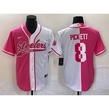 Men's Pittsburgh Steelers #8 Kenny Pickett White Pink Split Cool Base Stitched Baseball Jersey Men's Pittsburgh Steelers #8 Kenny Pickett White Pink Split Cool Base Stitched Baseball Jersey
