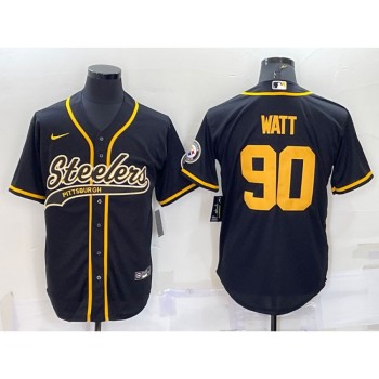 Men's Pittsburgh Steelers #90 T.J. Watt Black Gold With Patch Cool Base Stitched Baseball Jersey Men's Pittsburgh Steelers #90 T.J. Watt Black Gold With Patch Cool Base Stitched Baseball Jersey