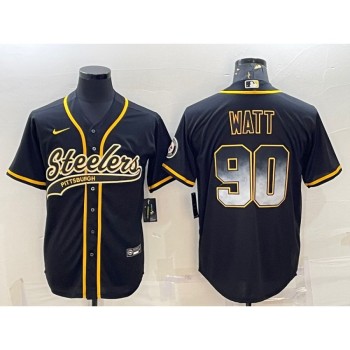 Men's Pittsburgh Steelers #90 T.J. Watt Black Gold With Patch Cool Base Stitched Baseball Jersey Men's Pittsburgh Steelers #90 T.J. Watt Black Gold With Patch Cool Base Stitched Baseball Jersey