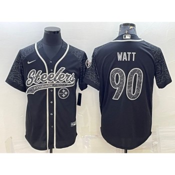 Men's Pittsburgh Steelers #90 T.J. Watt Black Reflective With Patch Cool Base Stitched Baseball Jersey Men's Pittsburgh Steelers #90 T.J. Watt Black Reflective With Patch Cool Base Stitched Baseball Jersey