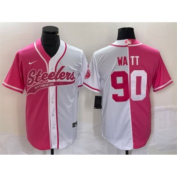 Men's Pittsburgh Steelers #90 T.J. Watt White Pink Split Cool Base Stitched Baseball Jersey Men's Pittsburgh Steelers #90 T.J. Watt White Pink Split Cool Base Stitched Baseball Jersey