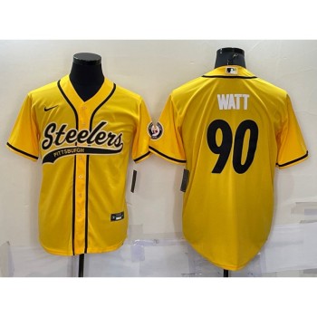 Men's Pittsburgh Steelers #90 T.J. Watt Yellow With Patch Cool Base Stitched Baseball Jersey Men's Pittsburgh Steelers #90 T.J. Watt Yellow With Patch Cool Base Stitched Baseball Jersey