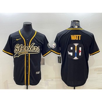Men's Pittsburgh Steelers #90 T. J. Watt Black Team Big Logo With Patch Cool Base Stitched Baseball Jersey Men's Pittsburgh Steelers #90 T. J. Watt Black Team Big Logo With Patch Cool Base Stitched Baseball Jersey