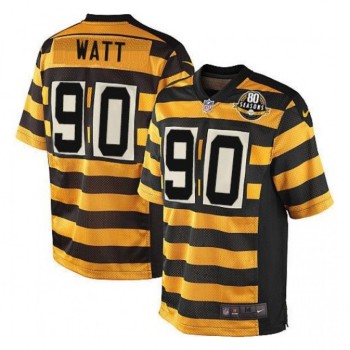 Men's Pittsburgh Steelers #90 T. J. Watt Yellow/Black Alternate 80TH Anniversary Throwback Stitched Jersey Men's Pittsburgh Steelers #90 T. J. Watt Yellow/Black Alternate 80TH Anniversary Throwback Stitched Jersey