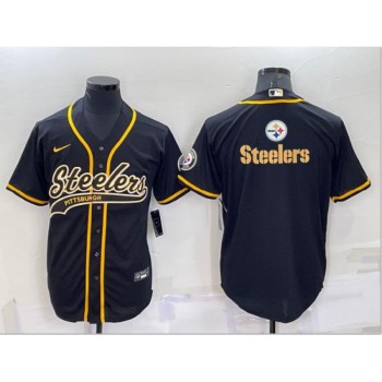 Men's Pittsburgh Steelers Black Team Big Logo With Patch Cool Base Stitched Baseball Jersey Men's Pittsburgh Steelers Black Team Big Logo With Patch Cool Base Stitched Baseball Jersey