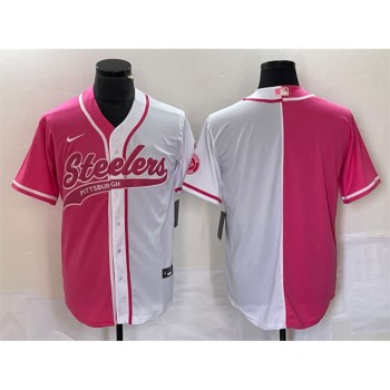Men's Pittsburgh Steelers Blank White Pink Split Cool Base Stitched Baseball Jersey Men's Pittsburgh Steelers Blank White Pink Split Cool Base Stitched Baseball Jersey