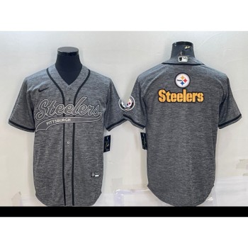 Men's Pittsburgh Steelers Grey Team Big Logo With Patch Cool Base Stitched Baseball Jersey Men's Pittsburgh Steelers Grey Team Big Logo With Patch Cool Base Stitched Baseball Jersey